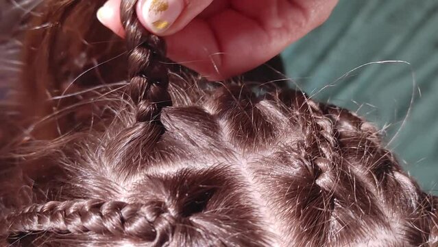the girl is braided with African braids. hairstyle close-up.