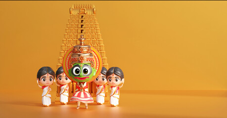 3d render onam festival with Kathakali character with the gilrs dancing in yellow background