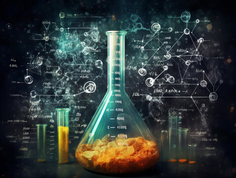Chemical vials illustrated in chalk on blackboard with scientific symbols with copy space created with generative ai.