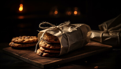 Fototapeta na wymiar Homemade chocolate cookies on rustic wood table, indulgent dessert stack generated by AI