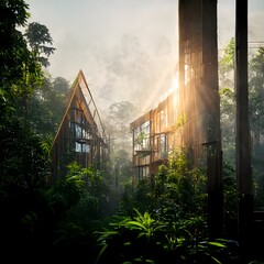 seven organic timber 4 storey buildings lush vegetation jungle morning light mist lens flare 8k ultrarealistic 