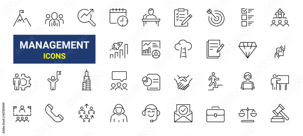 Poster set of line icons teamwork in business management. data analysis. outline icon collection. editable 