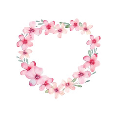 Fototapeta na wymiar Pink flowers. Wreath in heart shape. Greeting card with watercolor flowers on a white background. illustration. Frame for valentins day