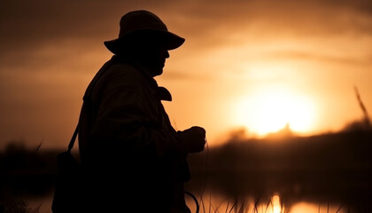 Silhouette of one person standing, back lit by sunset generated by AI