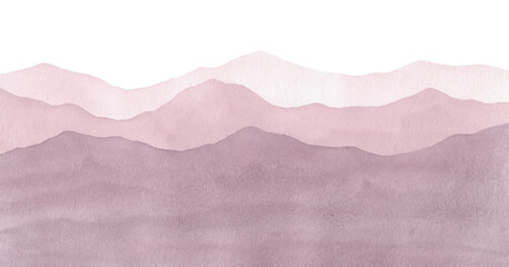 Obraz premium Watercolor, abstract, texture, panoramic mountain view illustration with gradient. Beautiful background in pastel, delicate lilac and beige shades with space for text. Element for design, decoration.