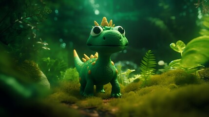 Animation dino in the bright green jungle. Generative AI