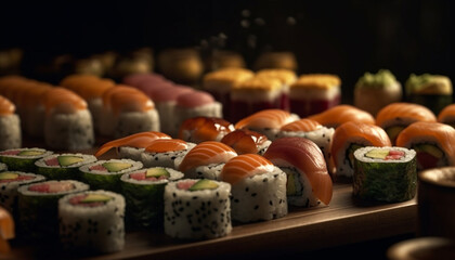 Healthy lunch of fresh seafood and sushi, a gourmet delight generated by AI