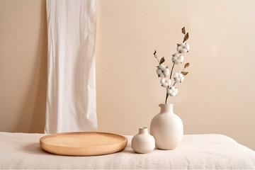 Beige ceramic vases with dry cotton branches. Scandinavian interior.