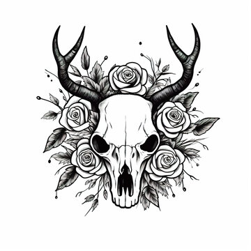 A skull with horns and roses on it. Generative AI.