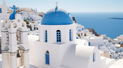 Naklejka premium Incredibly romantic sunrise on Santorini. Village in the morning light. Amazing sunset view with white houses. Island of lovers