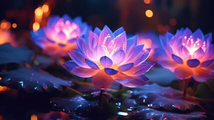 illustration luminescent glow of glass lotuses in the lake	