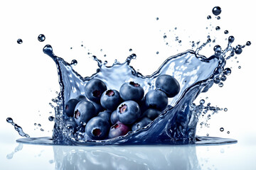 blue berry plus blue water color liquid or yogurt splash on isolated white. Generative ai