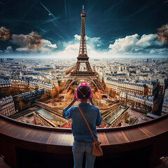 Fototapeta premium Boy looking at a view of Paris with the Eiffel Tower. Scenic view of an ideal Paris. Generated by artificial intelligence.
