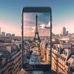 Tuinposter The Eiffel tower on a smartphone screen with Paris in the background. Generated by artificial intelligence. © Xavier Allard