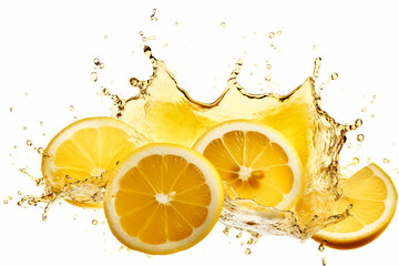 Lemon slices plus yellow liquid color splash on isolated white. Generative ai