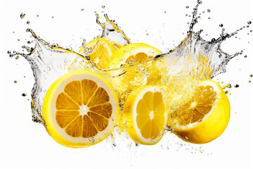 Lemon slices plus yellow liquid color splash on isolated white. Generative ai