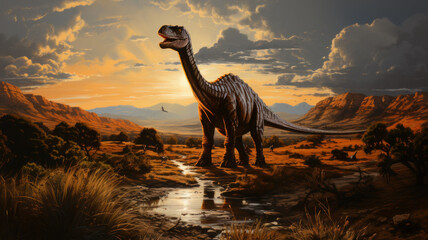 dinosaur walking in the valley - obrazy, fototapety, plakaty