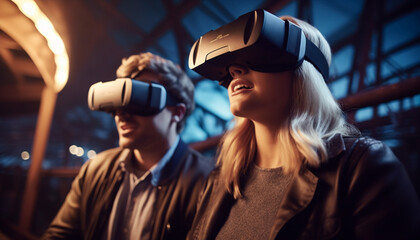 Young adults enjoying futuristic virtual reality simulator equipment, smiling and watching generated by AI