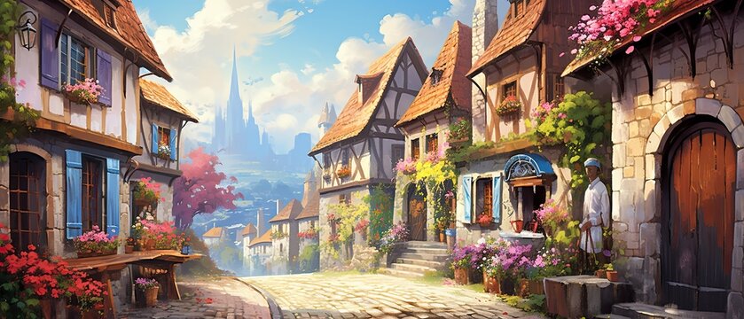 An oil painting background depicting a charming European village, with cobblestone streets, quaint houses, and colorful flower boxes. Wallpaper texture. Generative AI. 