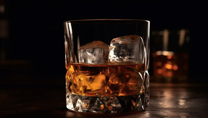 Golden whiskey glass on dark table with ice cube refreshment generated by AI
