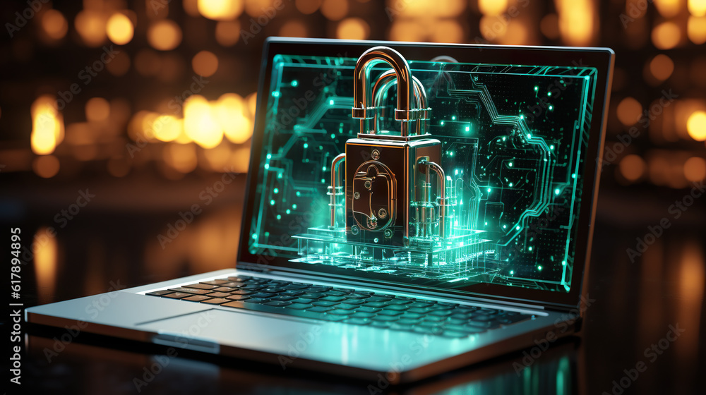 Poster a laptop with a lock on the screen. generative ai. cyber security concept.