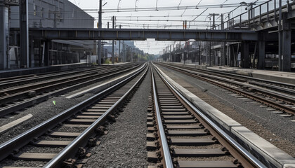 Steel tracks lead to vanishing point, a mode of transport generated by AI