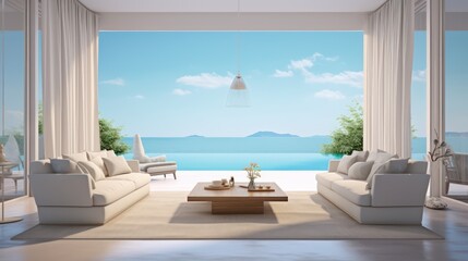 Obraz na płótnie Canvas Luxury beach house.Sofa,armchair,stool,side table,lamps,curtains in living room with infinity edge swimming pool and sea view outside.Vacation home or holiday villa.3d rendering