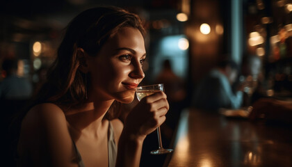 One young woman smiling, holding drink, enjoying nightlife at bar generated by AI