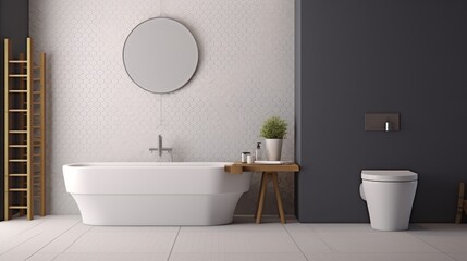 Naklejka na ściany i meble Minimalist toilets.Modern style design with hexagon tile.White bathtub and basin. 3d rendering