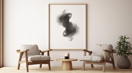 Japandi style interior.Minimal living room with wood chairs and picture canvas.3d rendering