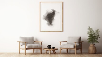 Japandi style interior.Minimal living room with wood chairs and picture canvas.3d rendering