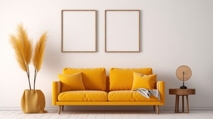 Living room interior.Wooden sofa with yellow cushion on white wall background and blank picture frame.3d rendering
