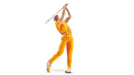 Realistic silhouette of a golf player on white background. Golfer man hits the ball.