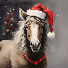 Pony mit Weihnachtsmütze, Weihnachten - obrazy, fototapety, plakaty
