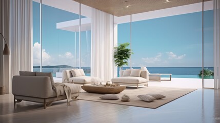 Luxury beach house.Sofa,armchair,stool,side table,lamps,curtains in living room with infinity edge swimming pool and sea view outside.Vacation home or holiday villa.3d rendering