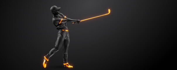 Abstract silhouette of a golf player on black background. Golfer man hits the ball.