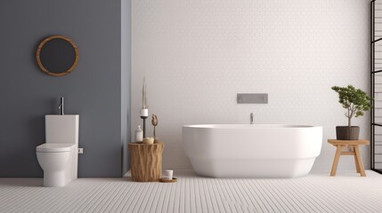 Obraz na płótnie Canvas Minimalist toilets.Modern style design with hexagon tile.White bathtub and basin. 3d rendering