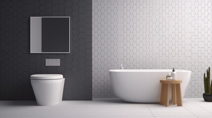 Naklejka na ściany i meble Minimalist toilets.Modern style design with hexagon tile.White bathtub and basin. 3d rendering