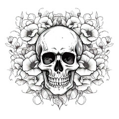 A black and white skull surrounded by flowers. Generative AI.