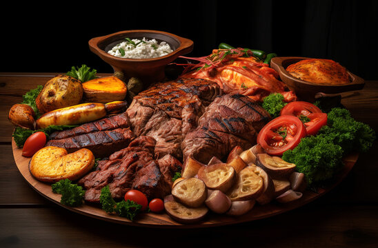 Parrillada on wooden board. Generative AI.