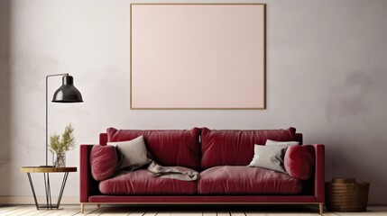 Mockup living room interior with wine red sofa ,table lamp and blank canvas.3d rendering