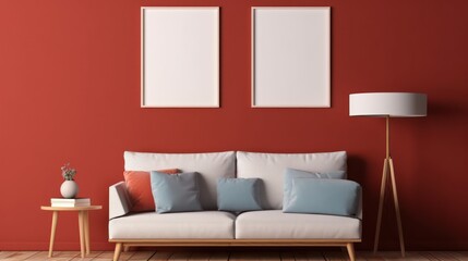 Mockup red living room interior with sofa table lamp and blank canvaes.3d rendering