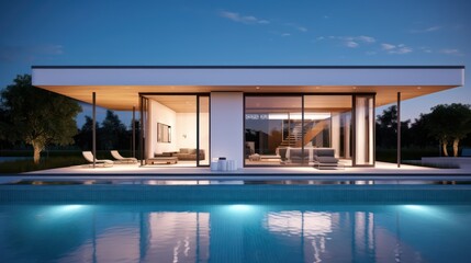 Modern house with swimming pool in modern design and night light.3d rendering