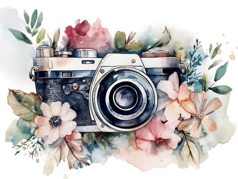 Watercolor retro camera surrounded by flowers isolated on white