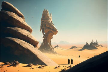 villeneuve dune enviro concept art alien desert landscape with strange rocks epic realistic  - obrazy, fototapety, plakaty