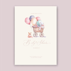 Cute baby shower watercolor invitation card for baby and kids new born celebration with toys and balloons. - obrazy, fototapety, plakaty