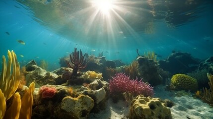Fototapeta na wymiar Scenic view of under water, sea bottom, with corals, sea weeds and fishes, ai generated