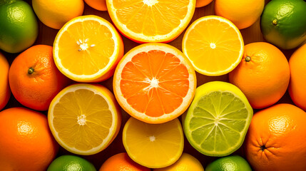 Fresh ripe citrus oranges and limes on vivid organge background with space for text