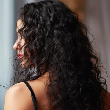 young woman with dark and curly hair .back view. Banner or poster. Social media content for beauty salons. Generative AI