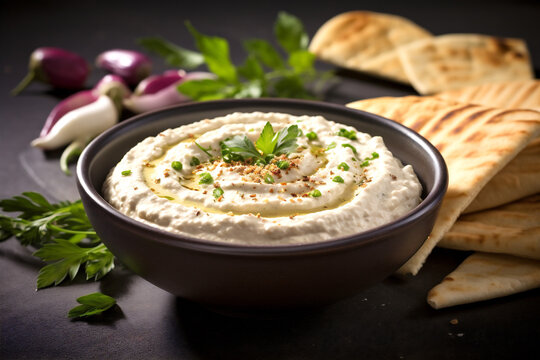 Baba Ganoush with creamy summer dip, crunchy veggies pita as yummy healthy snack. Eggplant season. Close-up. Generative Ai content.